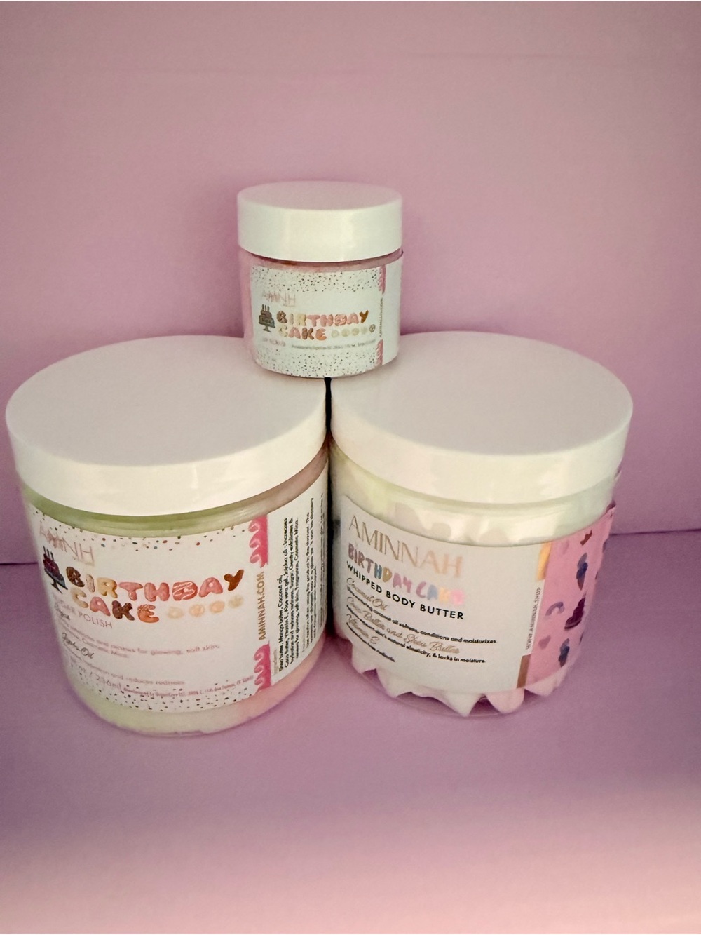 Aminnah Birthday Cake Body Butter & Sugar Scrub Lip Butter Trio - Pink & Yellow